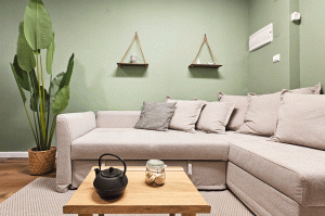 סלון מעוצב בדירה קטנה בתל אביב עם קיר ירוק, צמחיה טבעית וריהוט קליל – עיצוב מיקרו דירה למשקיעים